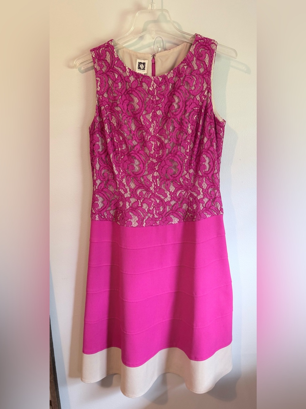 Anne Klein Fuchsia Lace-Overlay Sleeveless Dress Cream Hem Midi Size 6